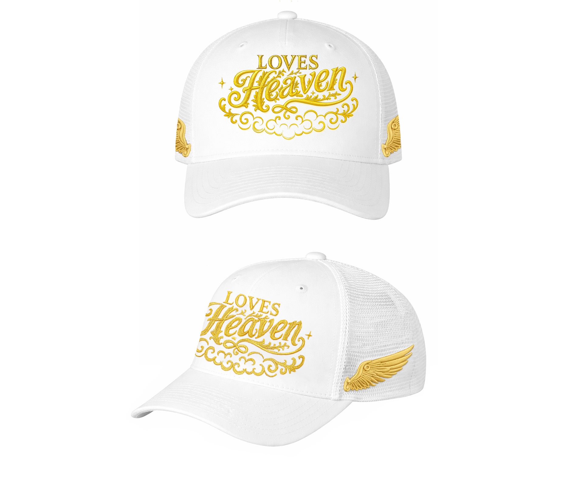 Winged logo gold embroidered white snapback cap number four